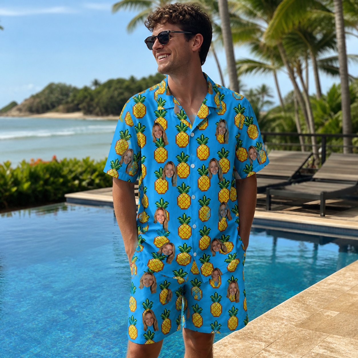 Real-life photo of someone wearing Men's Exotic Excursion Custom Face Shirt & Shorts Set — custom faces printed all-over