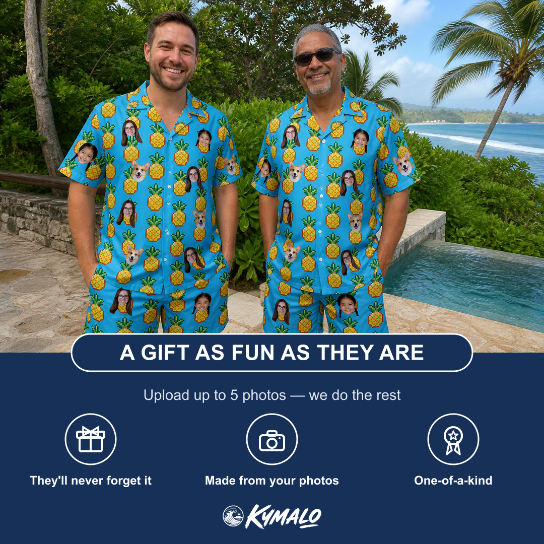 Friends in matching Men's Exotic Excursion Custom Face Shirt & Shorts Set — a group gift photo