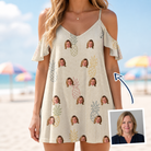 Woman wearing Women's Fruitful Foursome Custom Face Off-Shoulder Dress — custom faces printed all-over