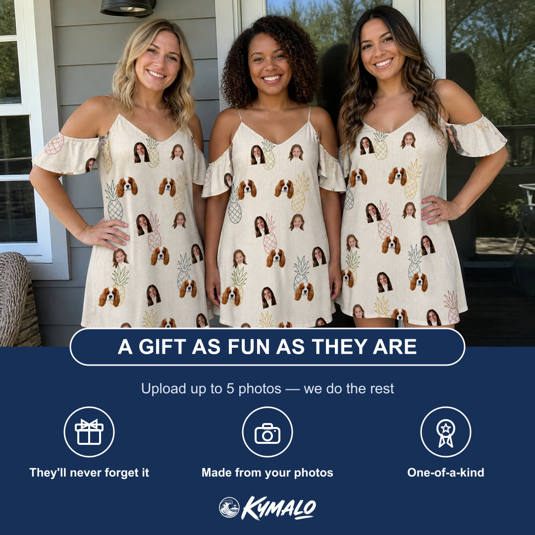 Friends in matching Women's Fruitful Foursome Custom Face Off-Shoulder Dress — a group gift photo