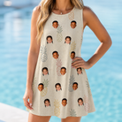 Model wearing Women's Fruitful Foursome Custom Face Tank Dress printed with kids' faces