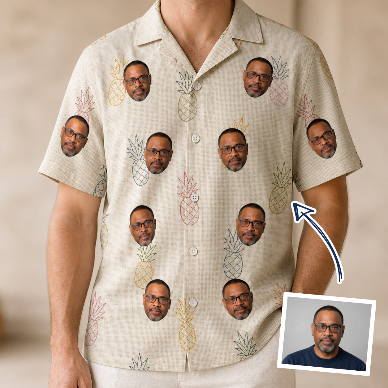 Man wearing Men's Fruitful Foursome Custom Face Hawaiian Shirt — custom faces printed all-over