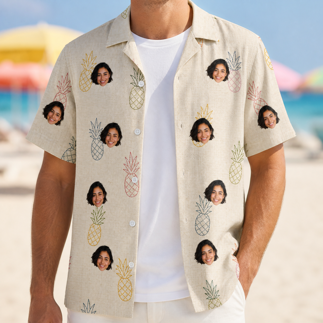 Man wearing Men's Fruitful Foursome Custom Face Hawaiian Shirt open over a white tee