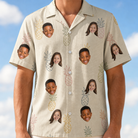 Model wearing Men's Fruitful Foursome Custom Face Hawaiian Shirt printed with kids' faces