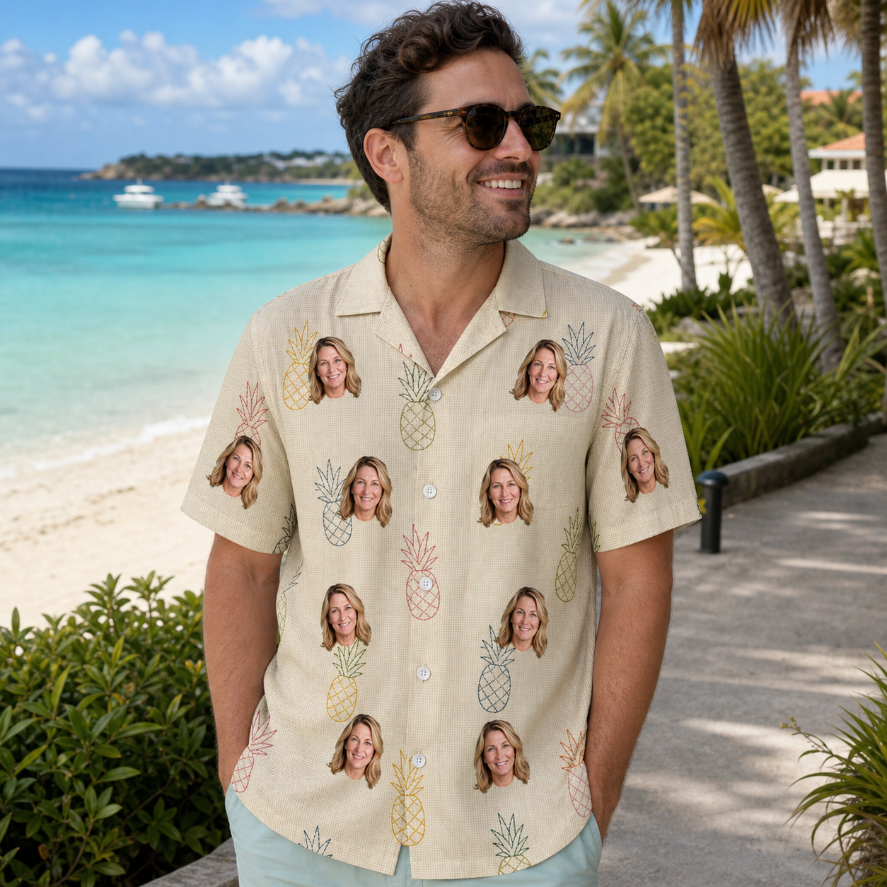 Real-life photo of someone wearing Men's Fruitful Foursome Custom Face Hawaiian Shirt — custom faces printed all-over