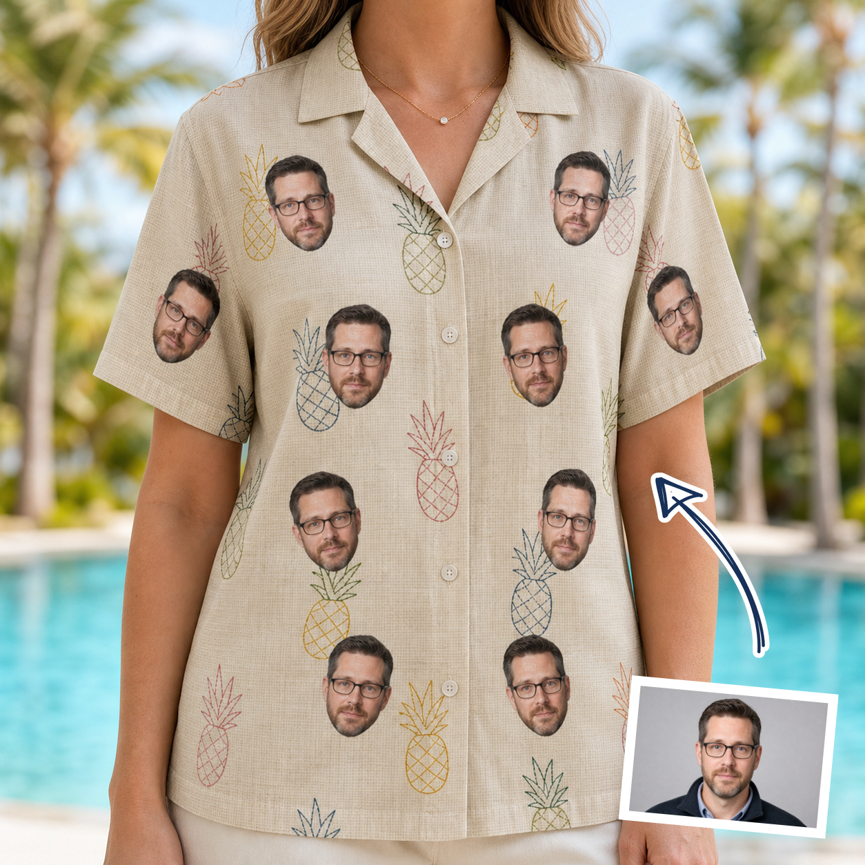 Woman wearing Women's Fruitful Foursome Custom Face Hawaiian Shirt — custom faces printed all-over