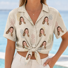 Woman wearing Women's Fruitful Foursome Custom Face Hawaiian Shirt tied at the waist