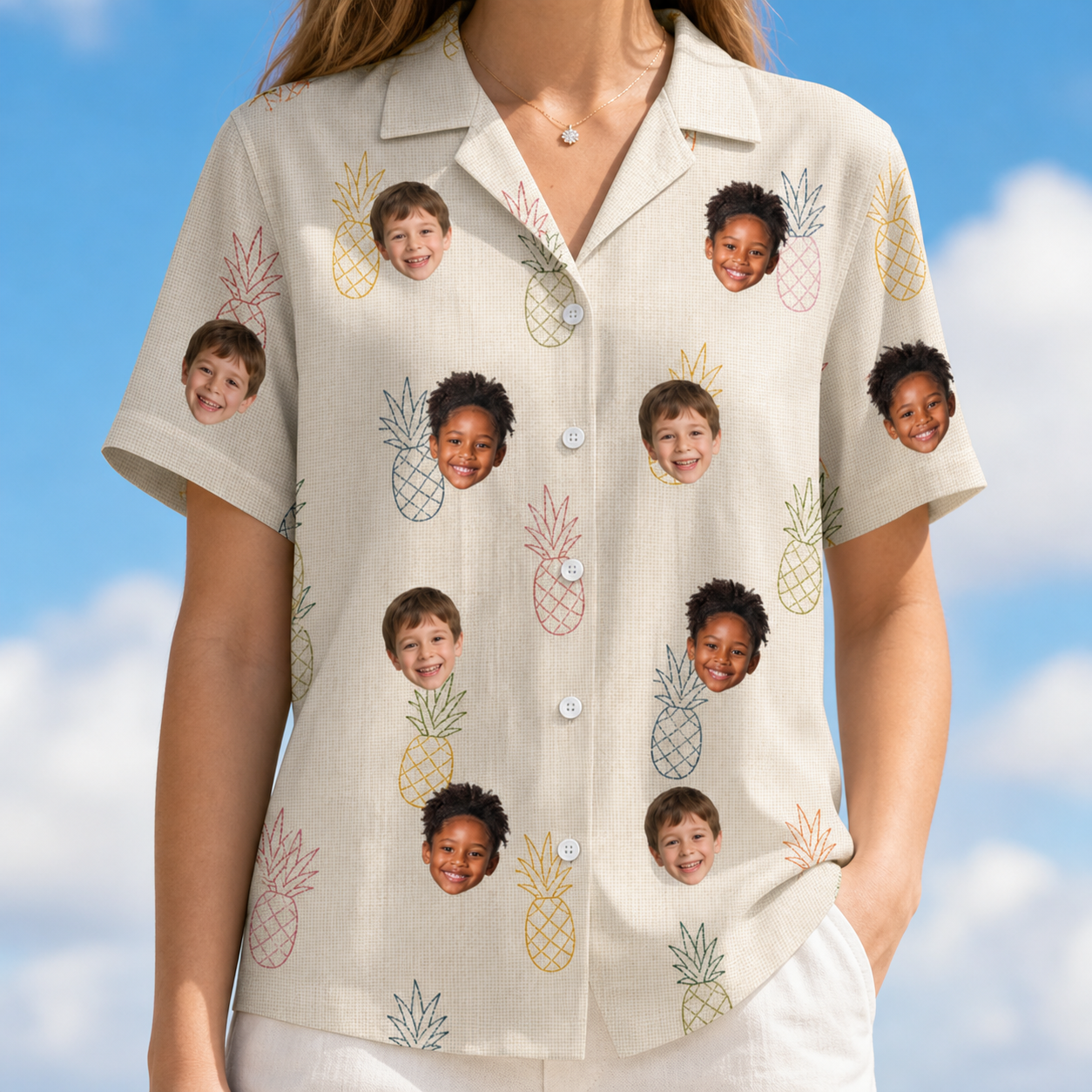 Model wearing Women's Fruitful Foursome Custom Face Hawaiian Shirt printed with kids' faces