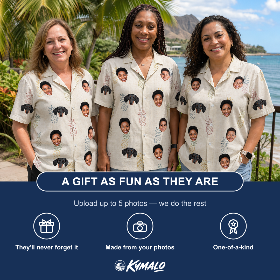 Friends in matching Women's Fruitful Foursome Custom Face Hawaiian Shirt — a group gift photo