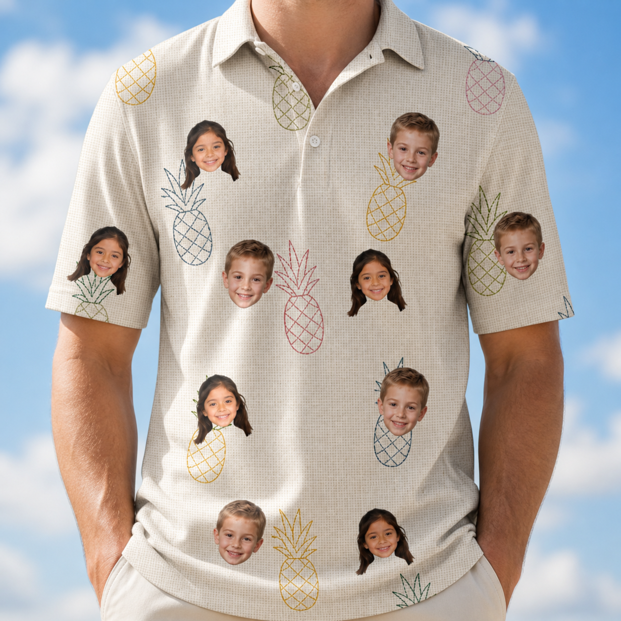 Model wearing Men's Fruitful Foursome Custom Face Polo Shirt printed with kids' faces