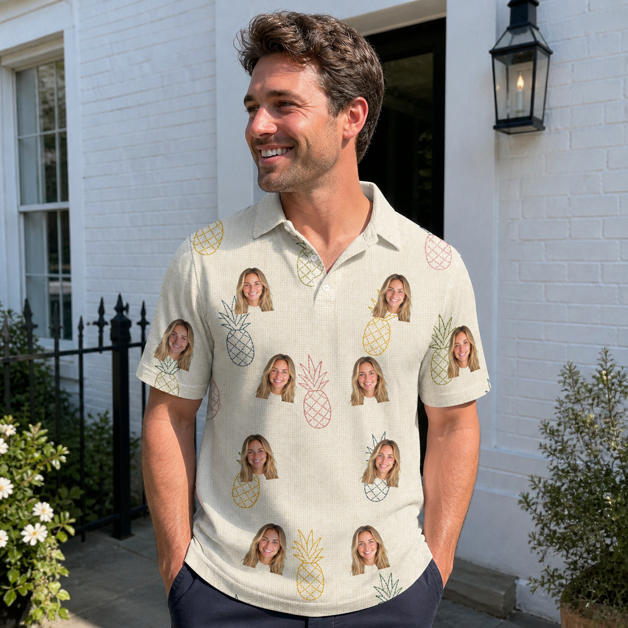 Real-life photo of someone wearing Men's Fruitful Foursome Custom Face Polo Shirt — custom faces printed all-over