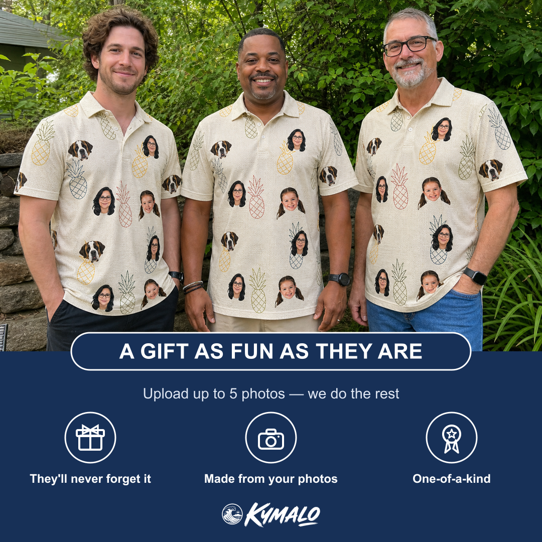 Friends in matching Men's Fruitful Foursome Custom Face Polo Shirt — a group gift photo