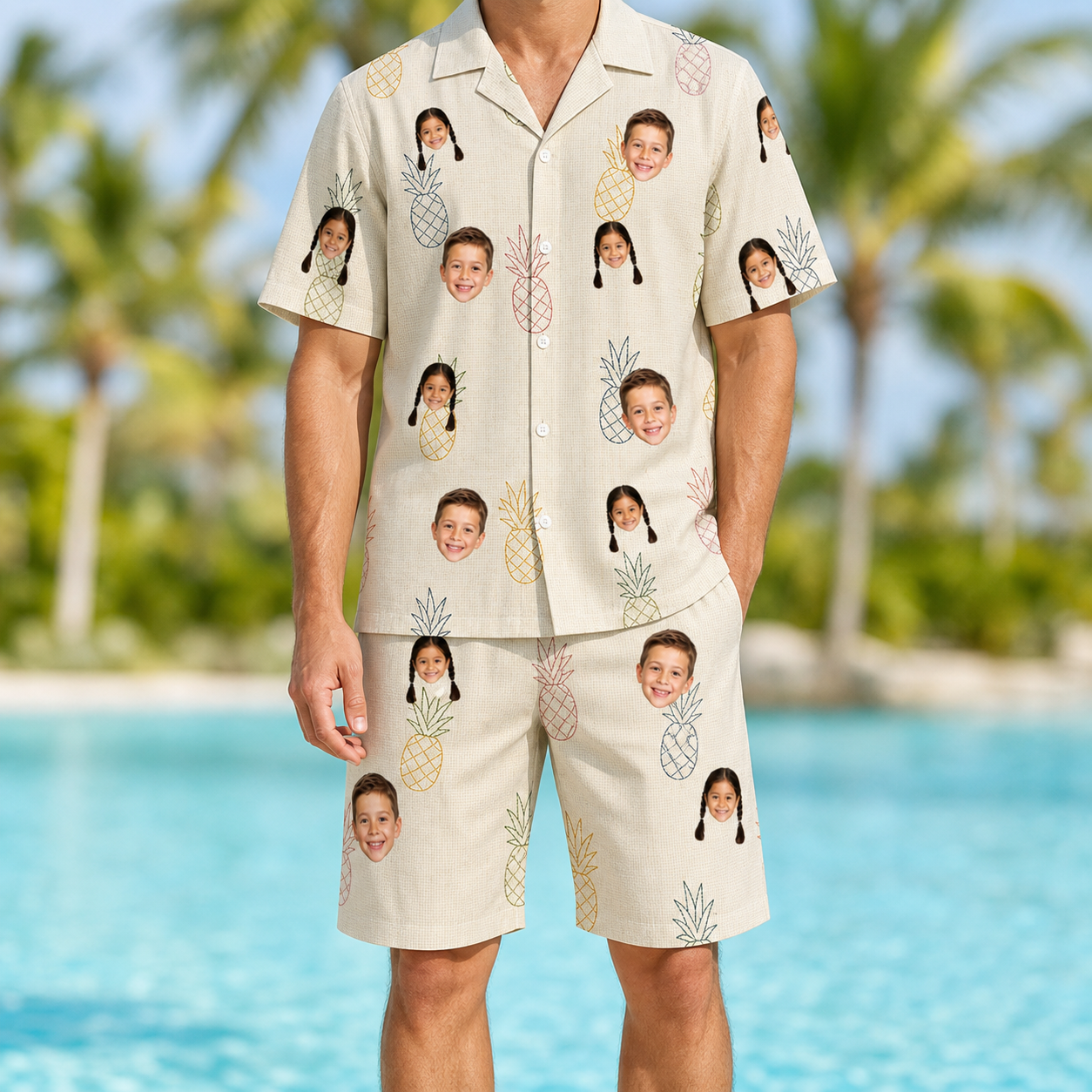Model wearing Men's Fruitful Foursome Custom Face Shirt & Shorts Set printed with kids' faces