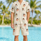 Model wearing Men's Fruitful Foursome Custom Face Shirt & Shorts Set printed with kids' faces