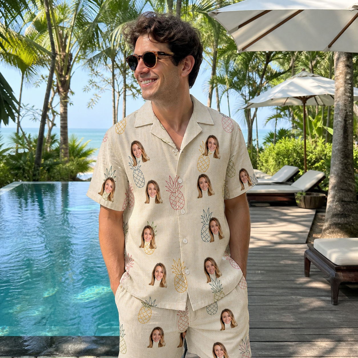 Real-life photo of someone wearing Men's Fruitful Foursome Custom Face Shirt & Shorts Set — custom faces printed all-over