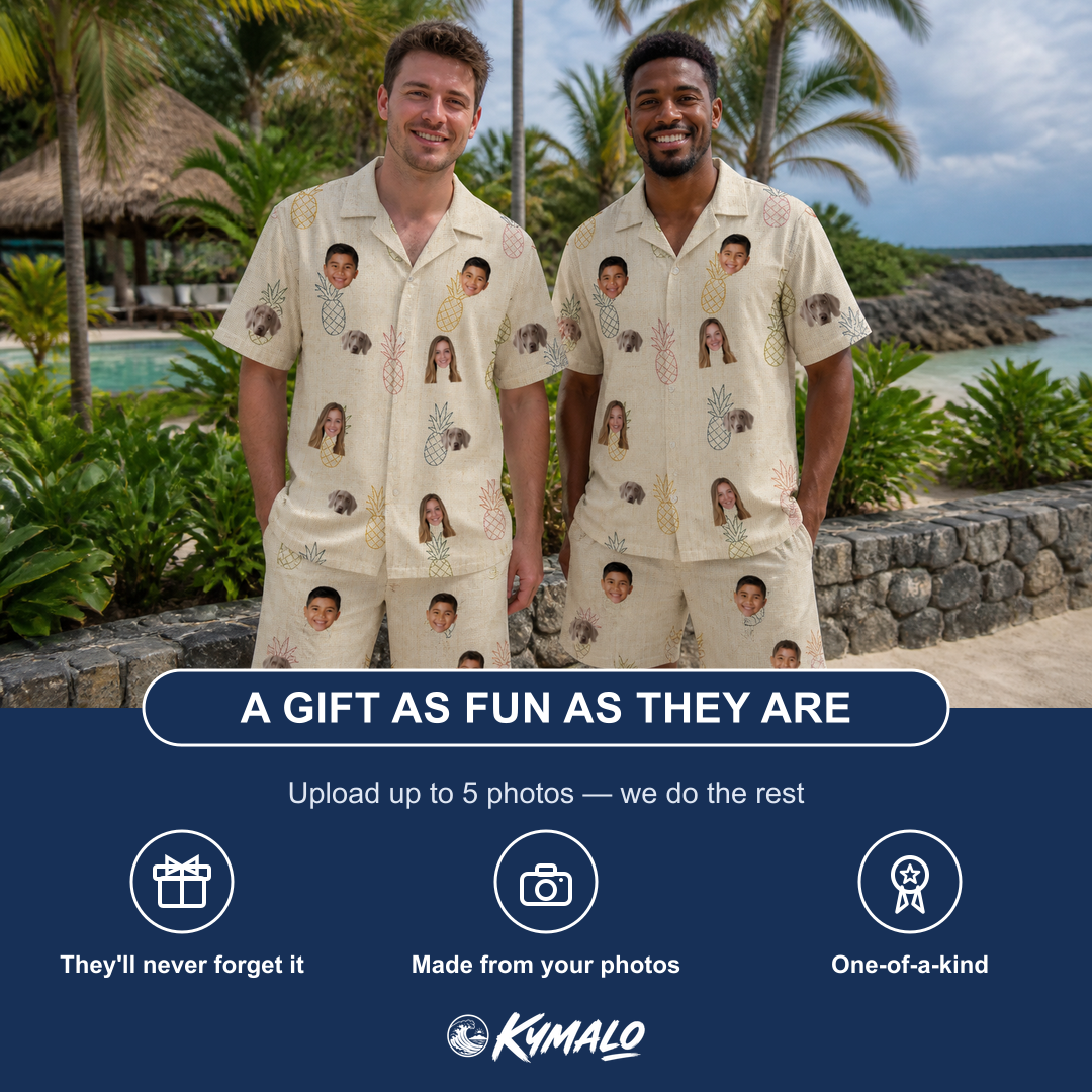 Friends in matching Men's Fruitful Foursome Custom Face Shirt & Shorts Set — a group gift photo