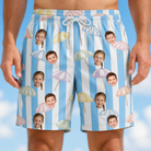 Model wearing Men's Awning Outing Custom Face Beach Shorts printed with kids' faces