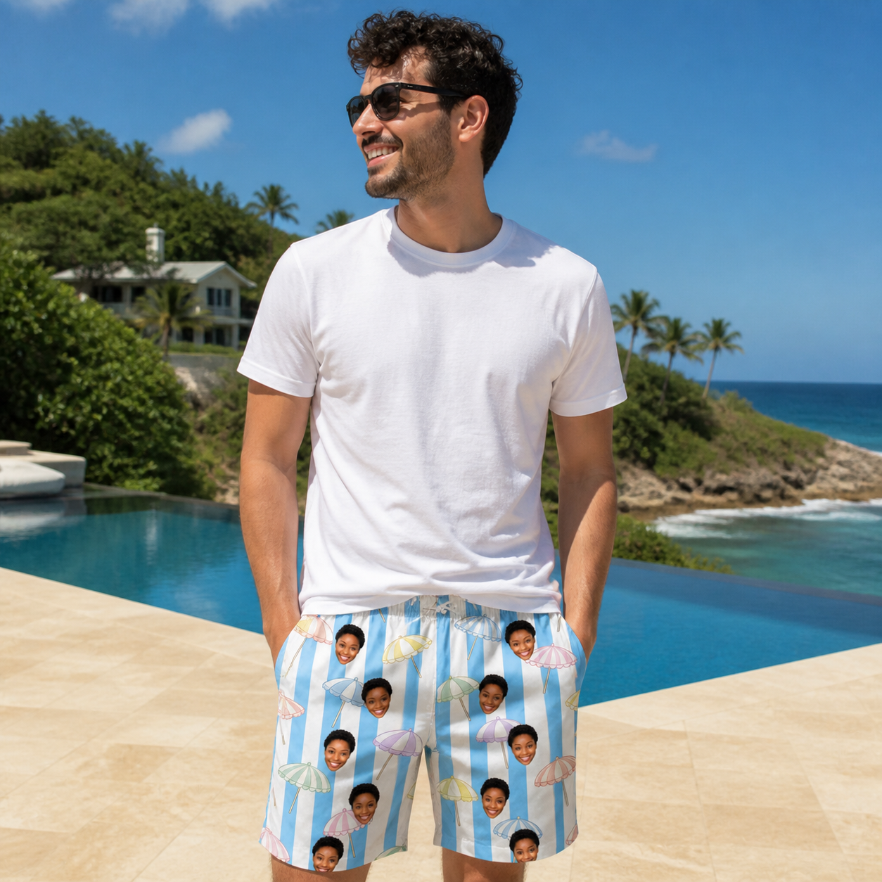 Real-life photo of someone wearing Men's Awning Outing Custom Face Beach Shorts — custom faces printed all-over