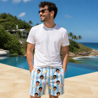 Real-life photo of someone wearing Men's Awning Outing Custom Face Beach Shorts — custom faces printed all-over