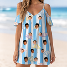 Model wearing Women's Awning Outing Custom Face Off-Shoulder Dress printed with kids' faces