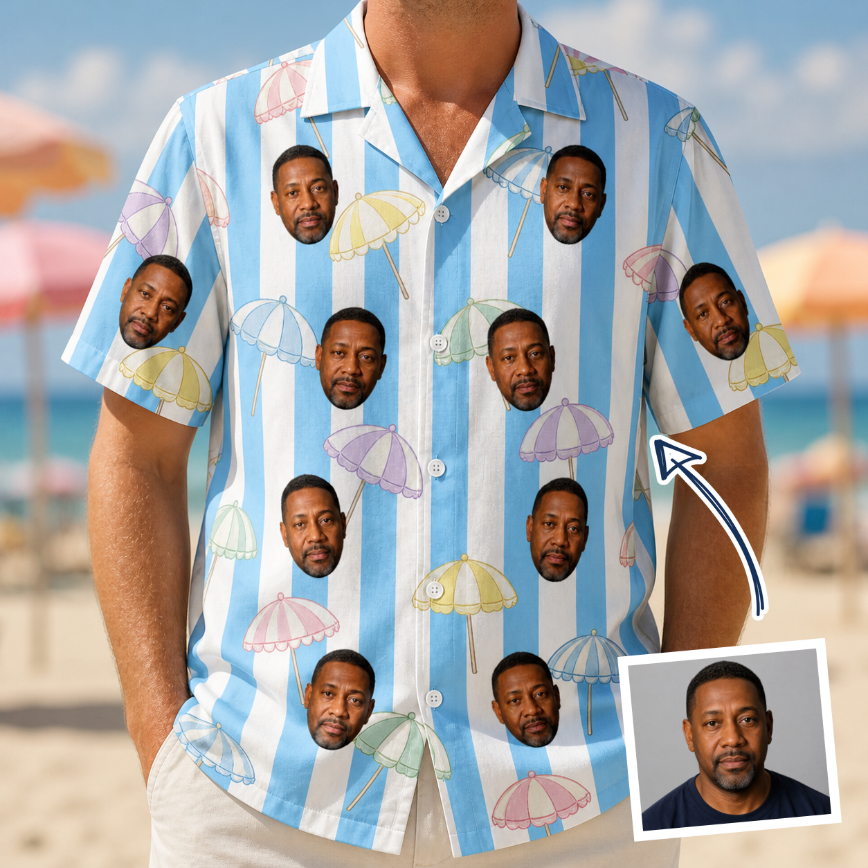 Man wearing Men's Awning Outing Custom Face Hawaiian Shirt — custom faces printed all-over