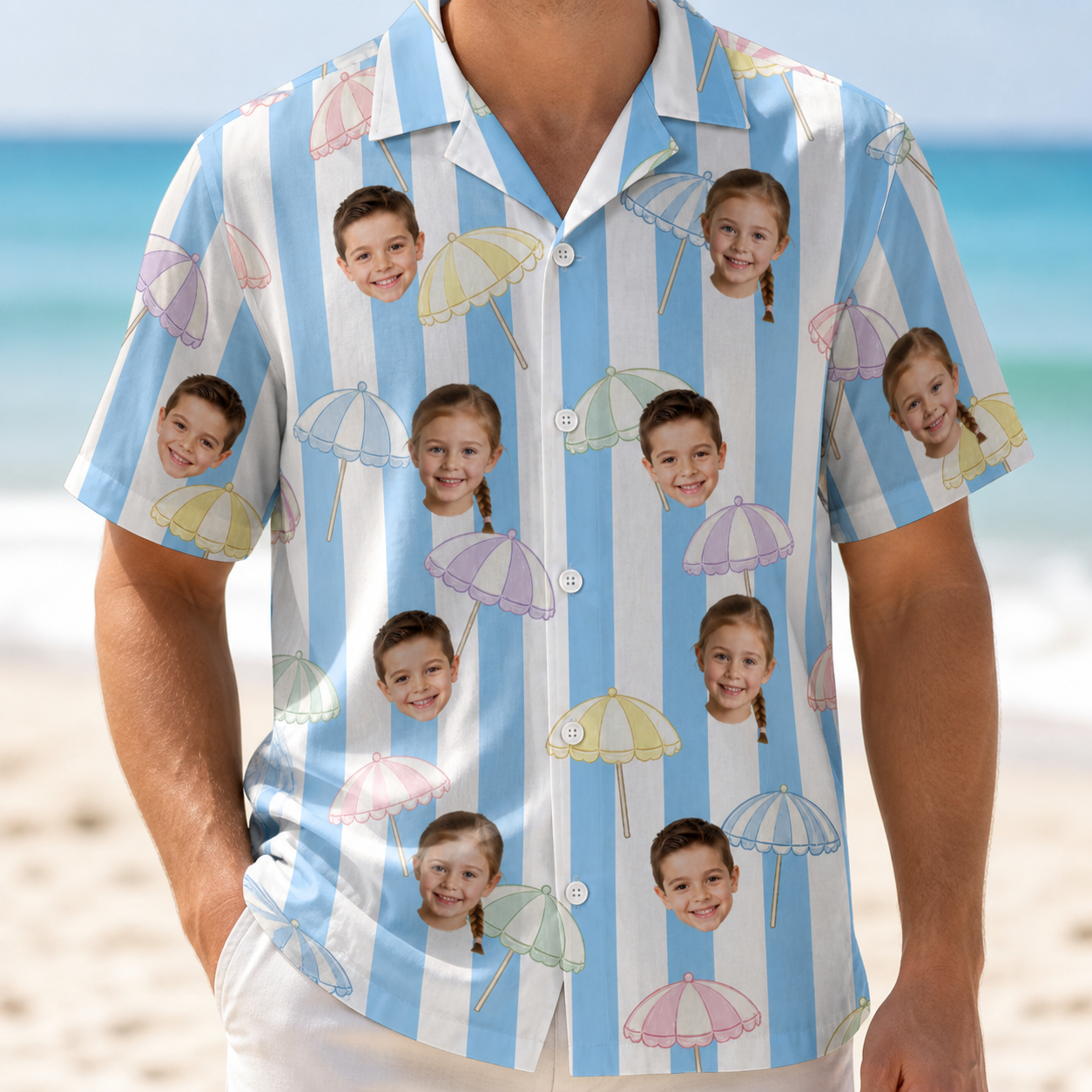 Model wearing Men's Awning Outing Custom Face Hawaiian Shirt printed with kids' faces
