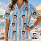 Woman wearing Women's Awning Outing Custom Face Hawaiian Shirt — custom faces printed all-over