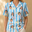 Model wearing Women's Awning Outing Custom Face Hawaiian Shirt printed with kids' faces