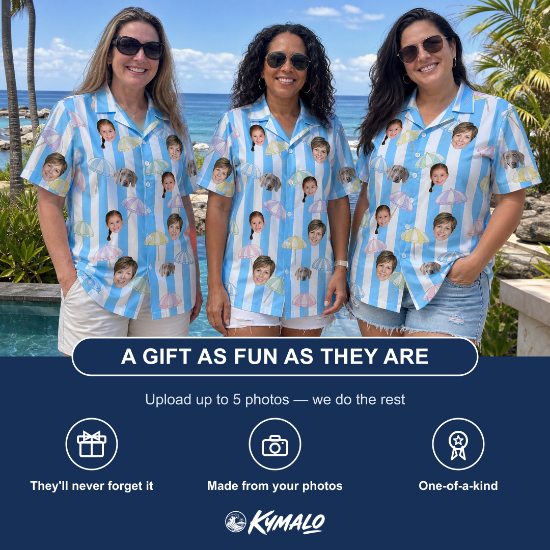 Friends in matching Women's Awning Outing Custom Face Hawaiian Shirt — a group gift photo