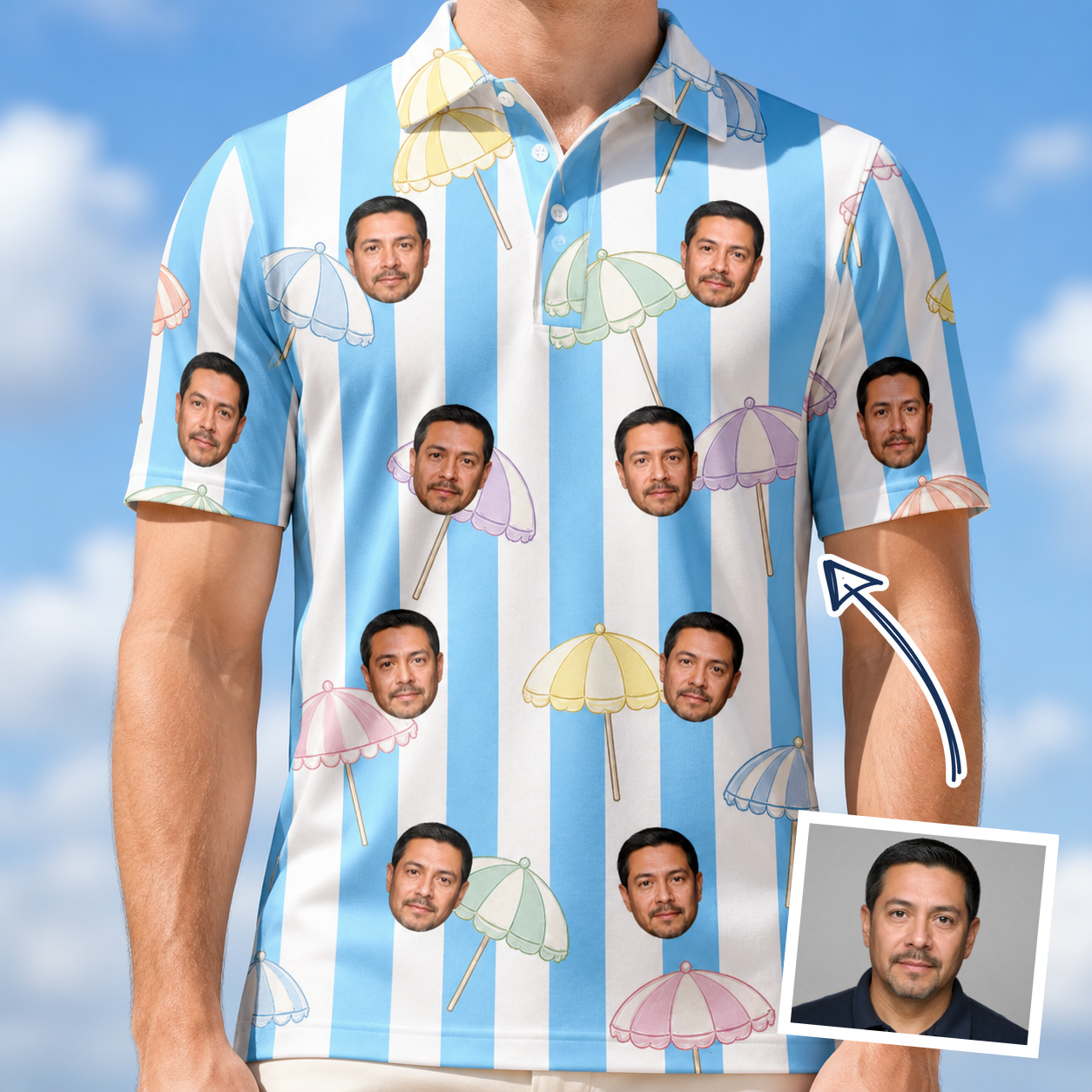 Man wearing Men's Awning Outing Custom Face Polo Shirt — custom faces printed all-over