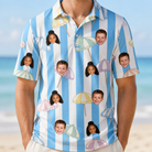 Model wearing Men's Awning Outing Custom Face Polo Shirt printed with kids' faces