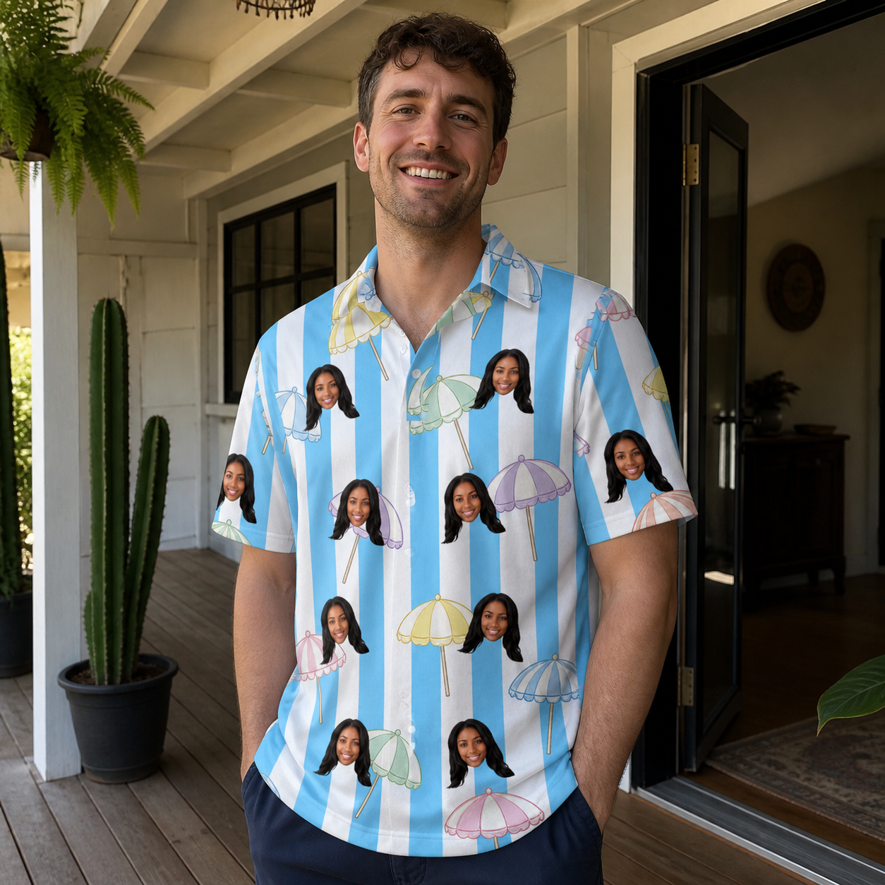 Real-life photo of someone wearing Men's Awning Outing Custom Face Polo Shirt — custom faces printed all-over