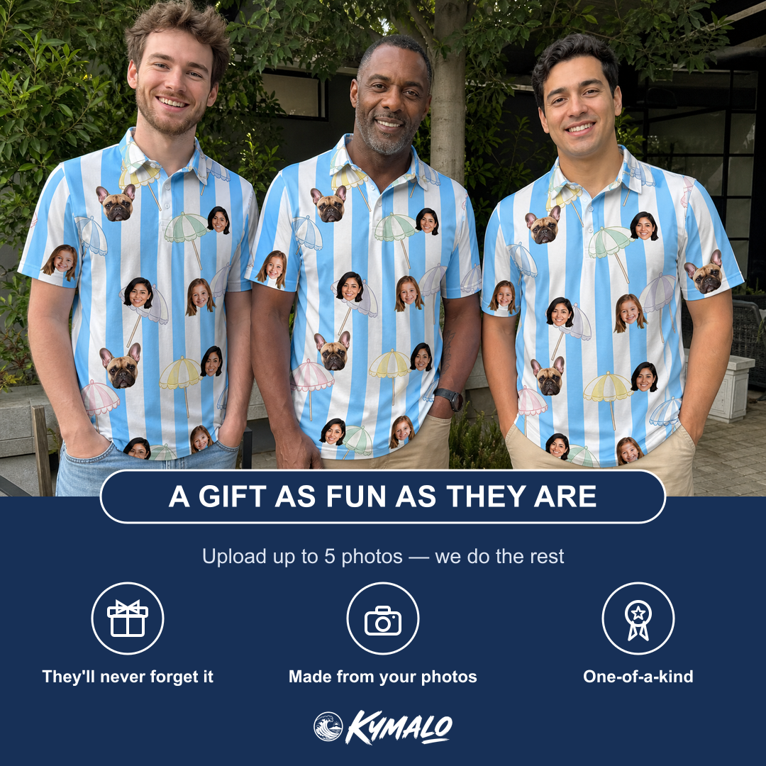 Friends in matching Men's Awning Outing Custom Face Polo Shirt — a group gift photo