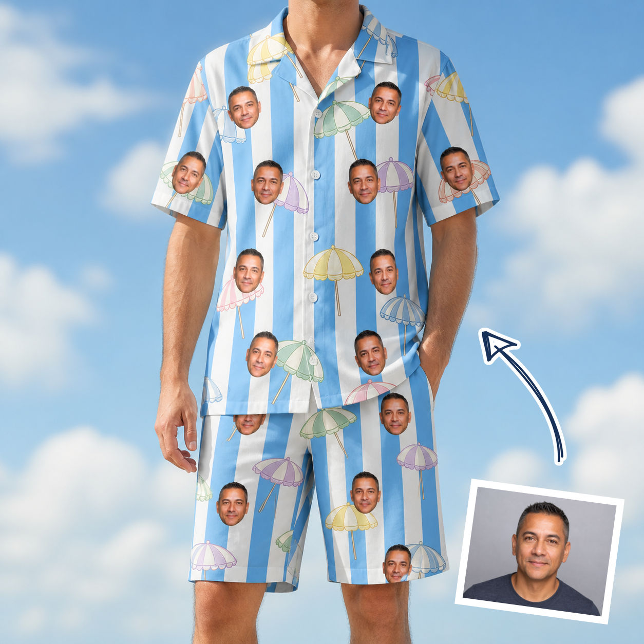 Man wearing Men's Awning Outing Custom Face Shirt & Shorts Set — custom faces printed all-over
