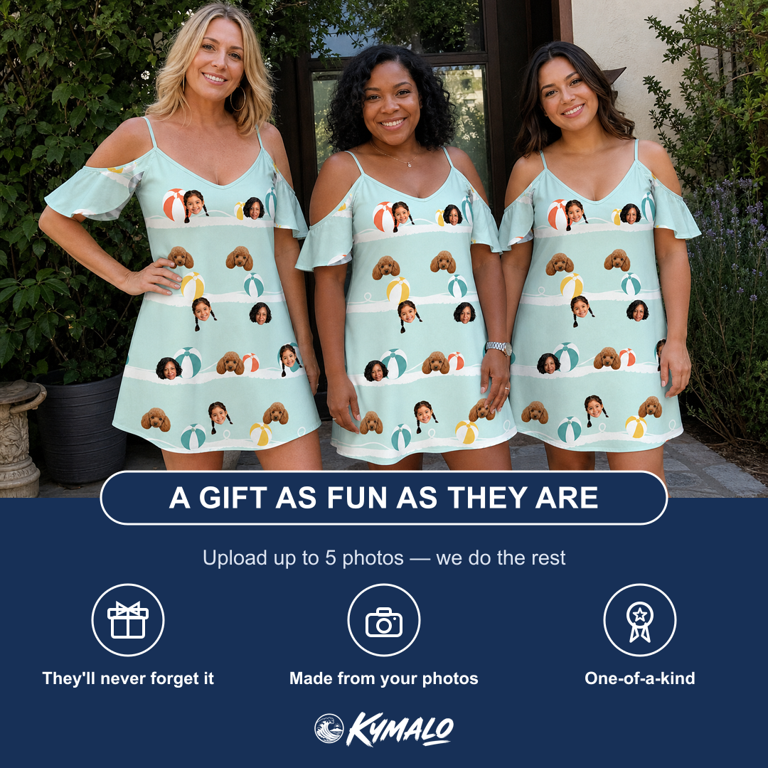 Friends in matching Women's Beach Ballad Custom Face Off-Shoulder Dress — a group gift photo