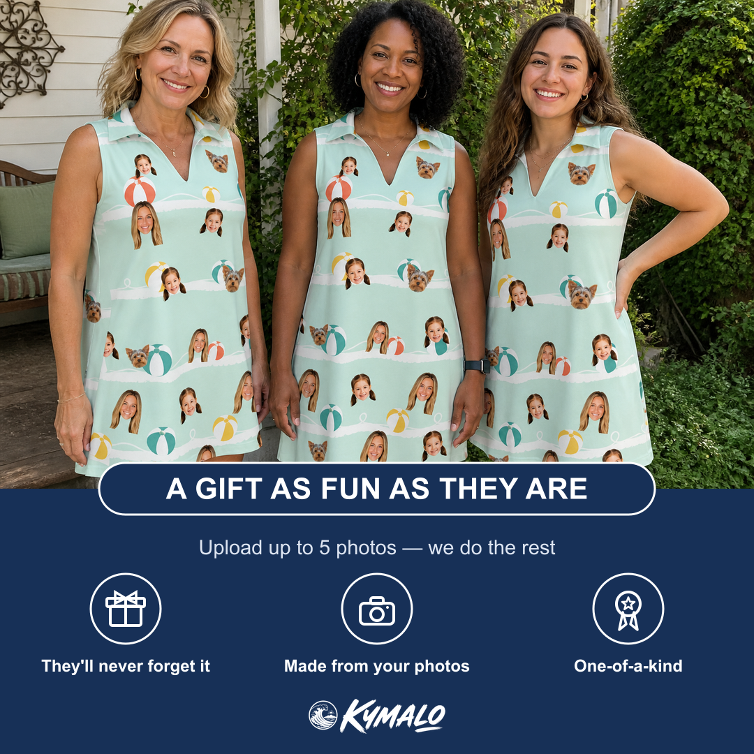 Friends in matching Women's Beach Ballad Custom Face V-Neck Dress — a group gift photo