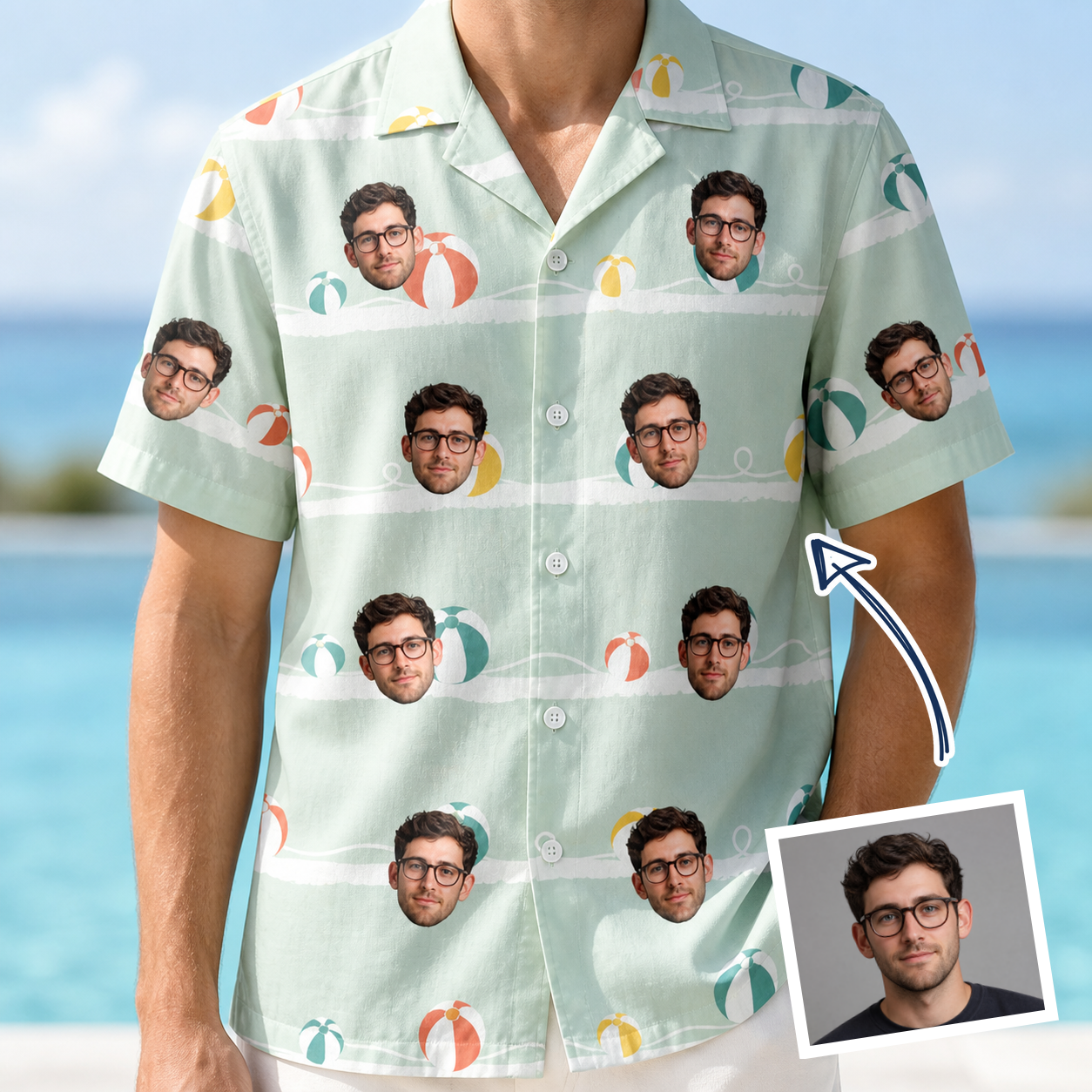 Man wearing Men's Beach Ballad Custom Face Hawaiian Shirt — custom faces printed all-over