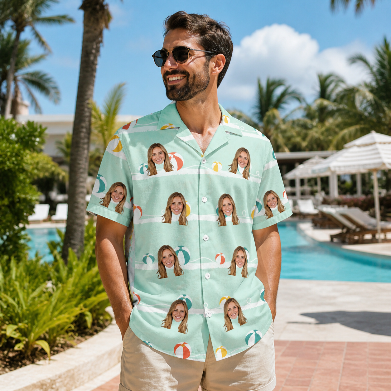Real-life photo of someone wearing Men's Beach Ballad Custom Face Hawaiian Shirt — custom faces printed all-over