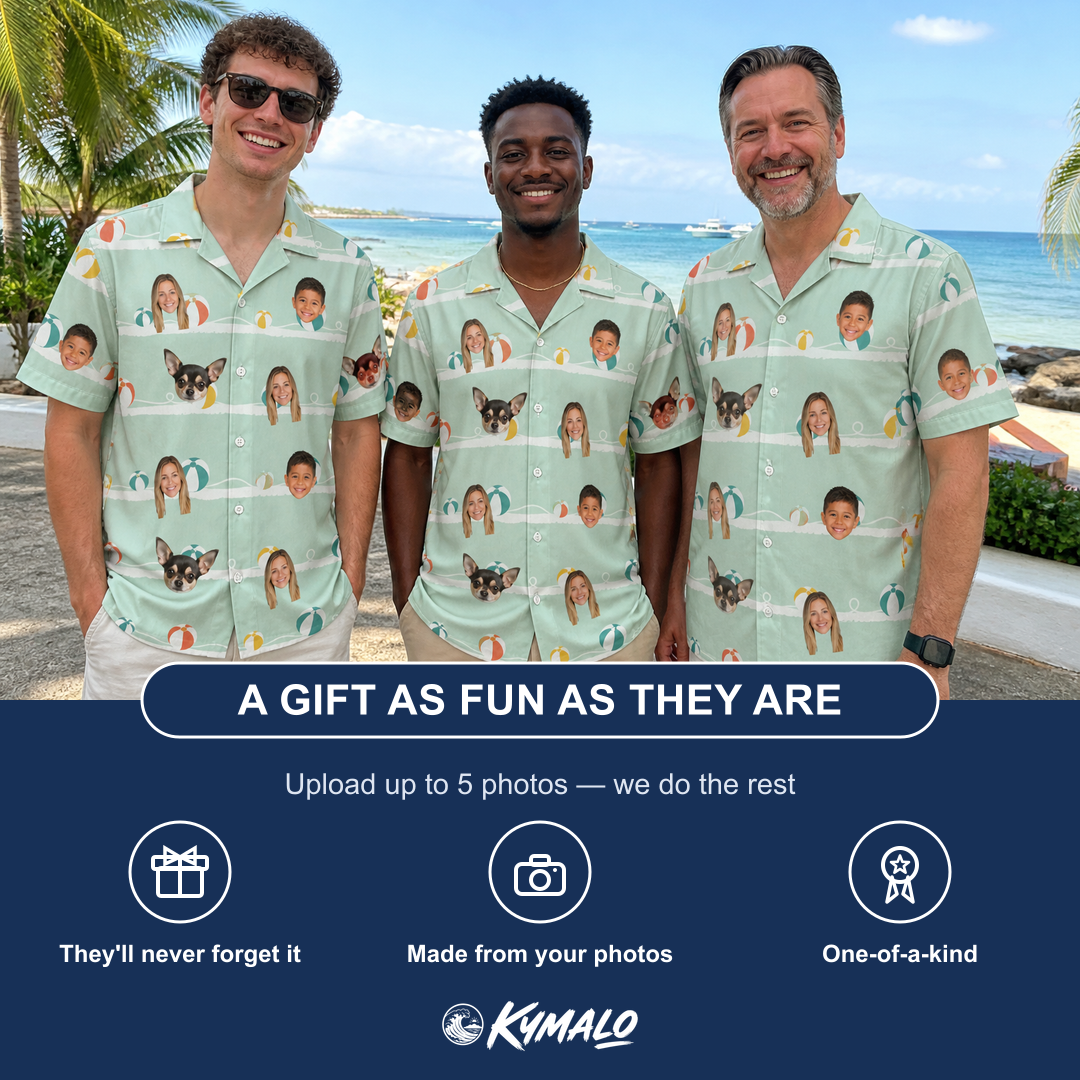 Friends in matching Men's Beach Ballad Custom Face Hawaiian Shirt — a group gift photo