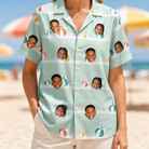 Model wearing Women's Beach Ballad Custom Face Hawaiian Shirt printed with kids' faces