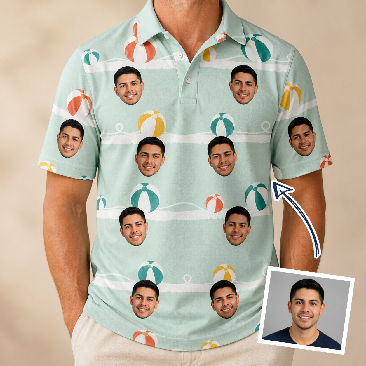 Man wearing Men's Beach Ballad Custom Face Polo Shirt — custom faces printed all-over