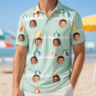 Model wearing Men's Beach Ballad Custom Face Polo Shirt printed with kids' faces