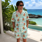 Real-life photo of someone wearing Men's Beach Ballad Custom Face Shirt & Shorts Set — custom faces printed all-over