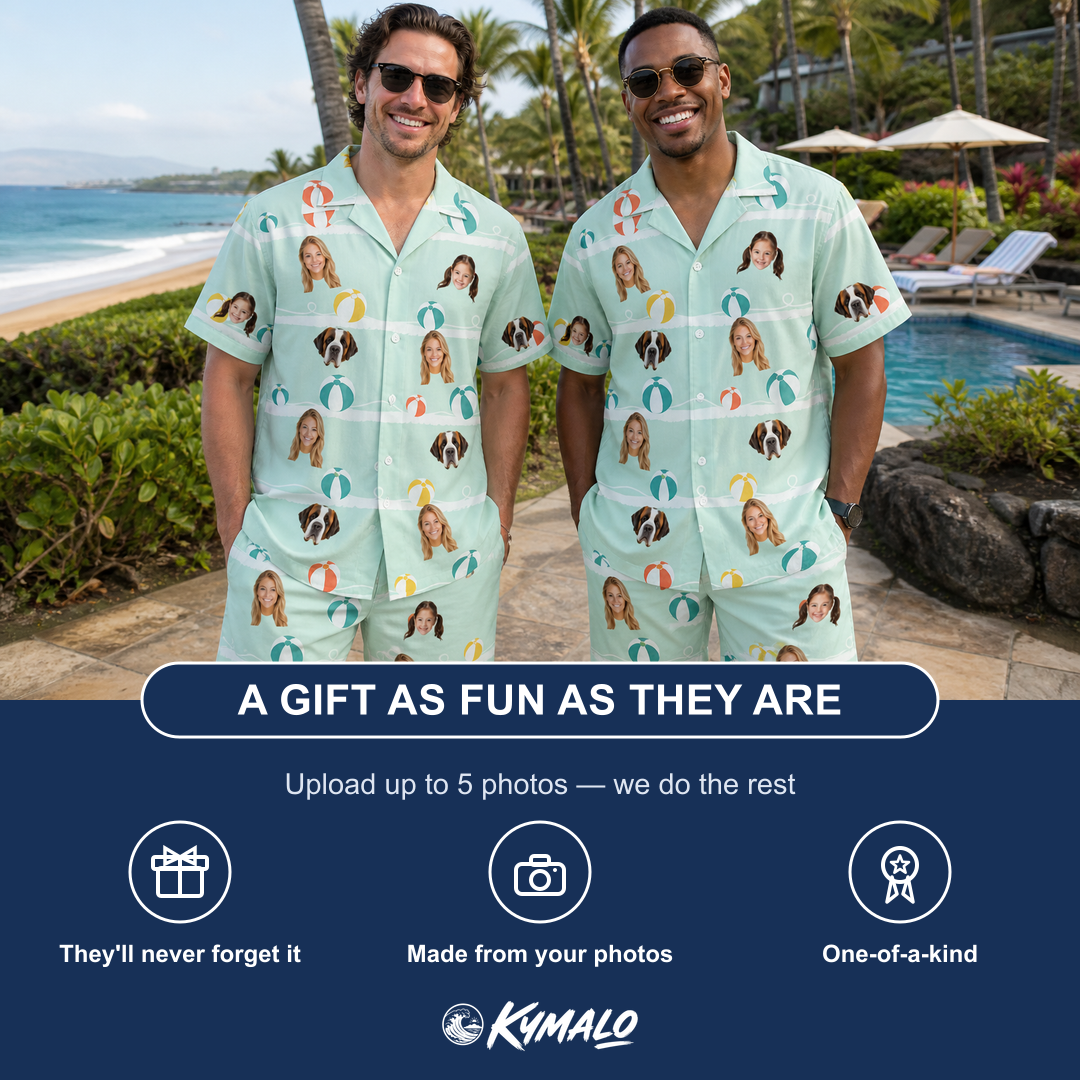 Friends in matching Men's Beach Ballad Custom Face Shirt & Shorts Set — a group gift photo