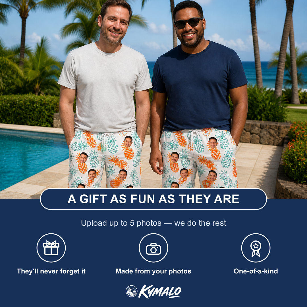 Friends in matching Men's Spiky Staycation Custom Face Beach Shorts — a group gift photo