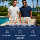Friends in matching Men's Spiky Staycation Custom Face Beach Shorts — a group gift photo