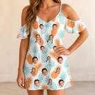 Model wearing Women's Spiky Staycation Custom Face Off-Shoulder Dress printed with kids' faces