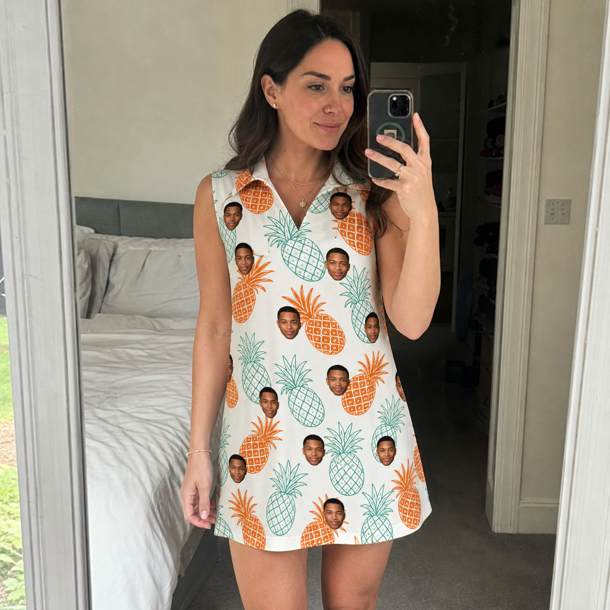Real-life photo of someone wearing Women's Spiky Staycation Custom Face V-Neck Dress — custom faces printed all-over