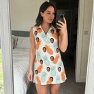 Real-life photo of someone wearing Women's Spiky Staycation Custom Face V-Neck Dress — custom faces printed all-over