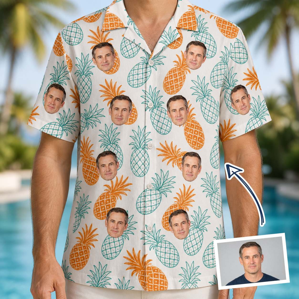 Man wearing Men's Spiky Staycation Custom Face Hawaiian Shirt — custom faces printed all-over